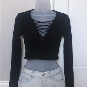 Express Black Long Sleeve Lace Up Crop Top